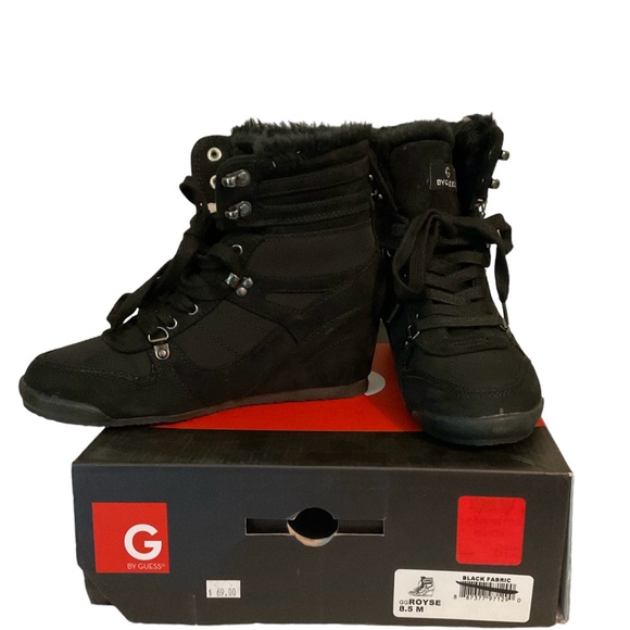 Black Guess Royce wedge heel booties. - Picture 2 of 6